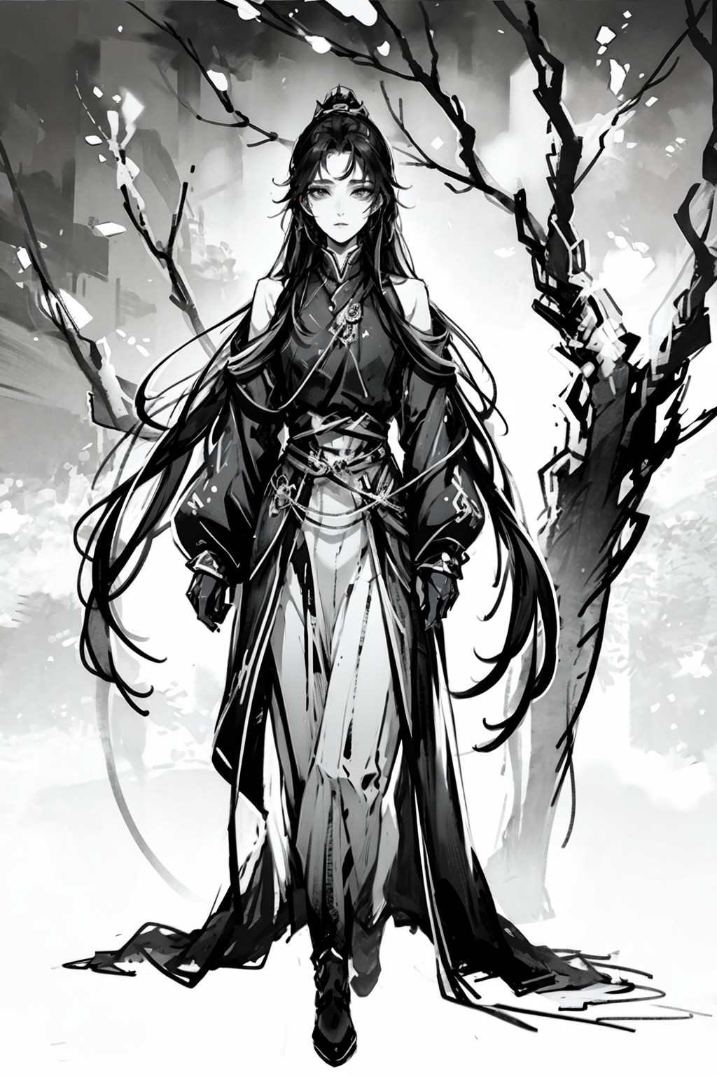 mo,masterpiece, best quality,1boy,standing, long hair,cold face, full body, (front),monochrome, greyscale,ink splash
